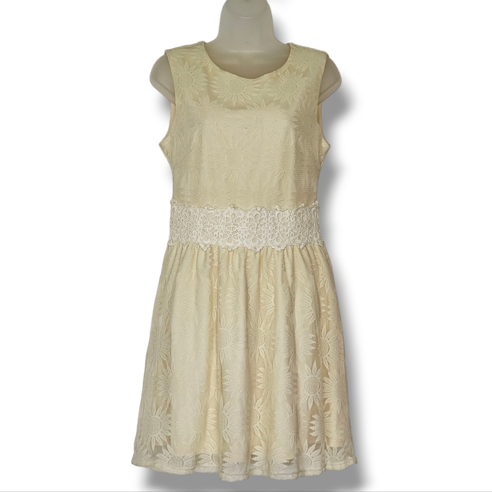 Francesca's Lace Sunflower Dress M Fit & Flare Cream Crochet Cottagecore Boho